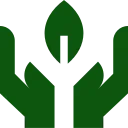 Green hands cupping a tree with a single leaf, symbolizing growth and support.