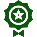 Green award badge with a star, white circle, and a ribbon.